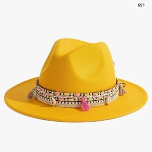 Boho Yellow Summer Felt Fedora Wide Brim Panama Hat with Shells and Tassels